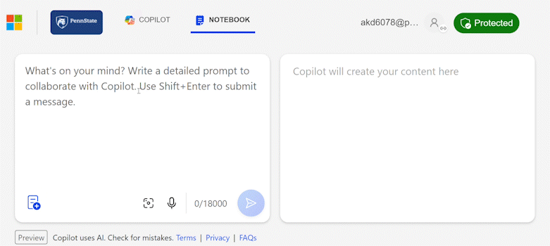 Copilot interface: copilot generates an answer to a question typed on left of screen.